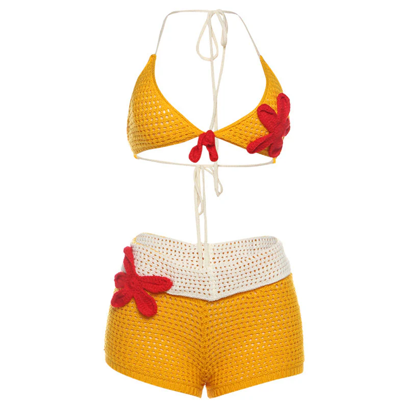 Halter flower applique backless short pant set