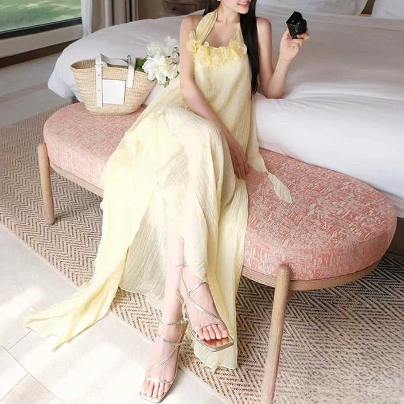 Halter flower applique textured irregular maxi dress - Image 2