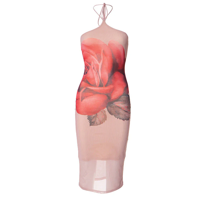 Halter flower print backless mesh midi dress
