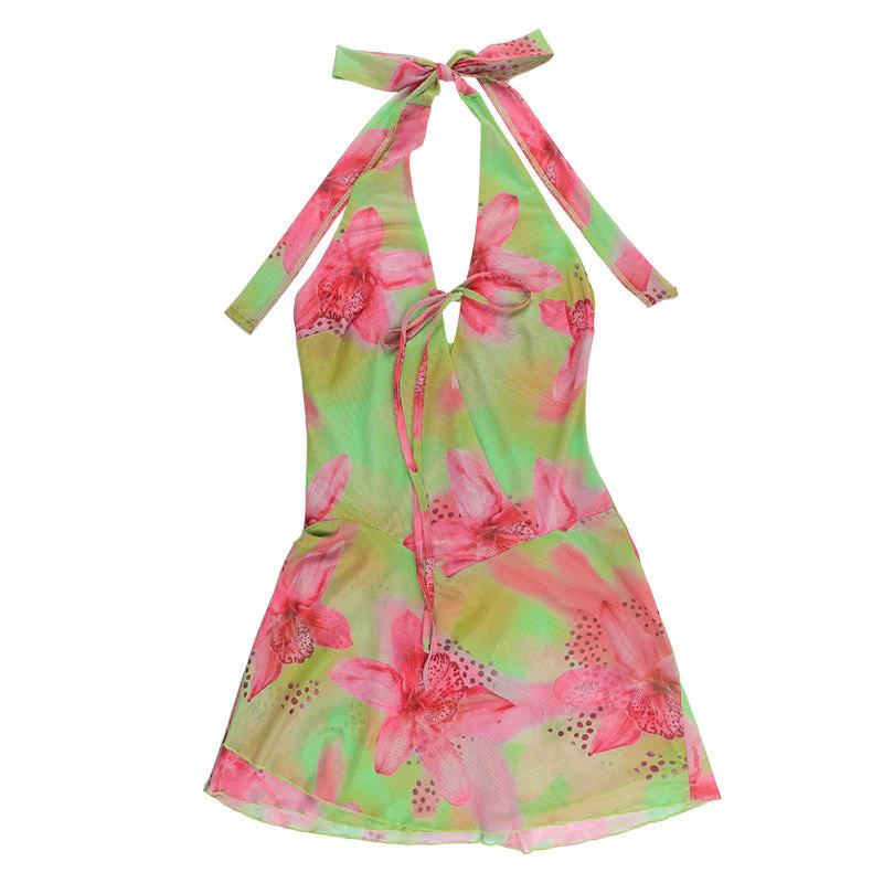 Halter flower print self tie mini dress