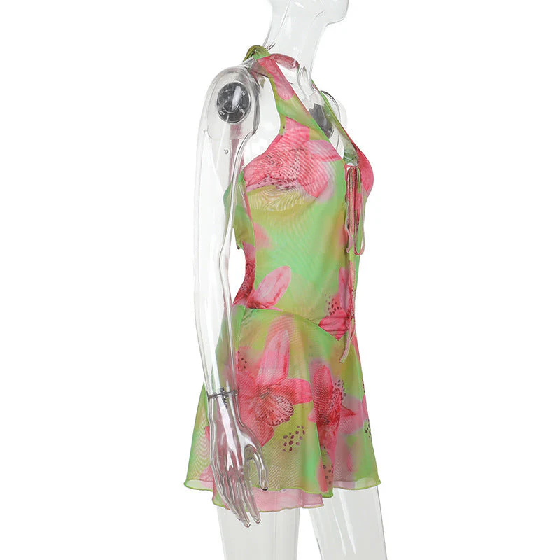 Halter flower print self tie mini dress - Image 3