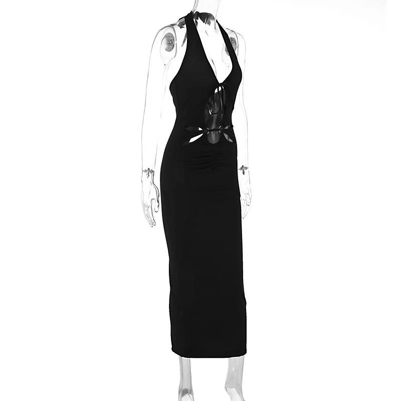 Halter hollow out backless v neck slit midi dress - Image 3