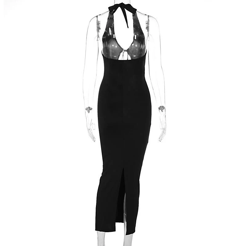 Halter hollow out backless v neck slit midi dress - Image 4