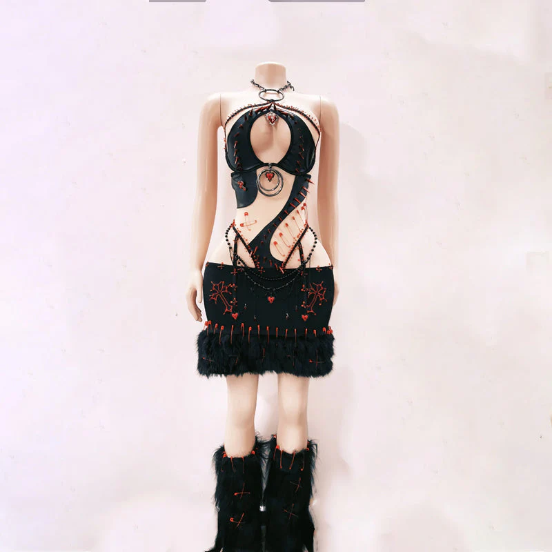 Halter hollow out beaded sweetheart applique mini skirt set