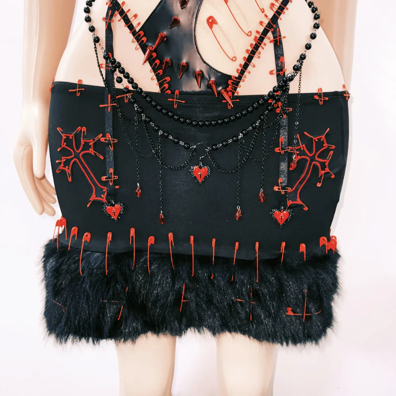 Halter hollow out beaded sweetheart applique mini skirt set - Image 3