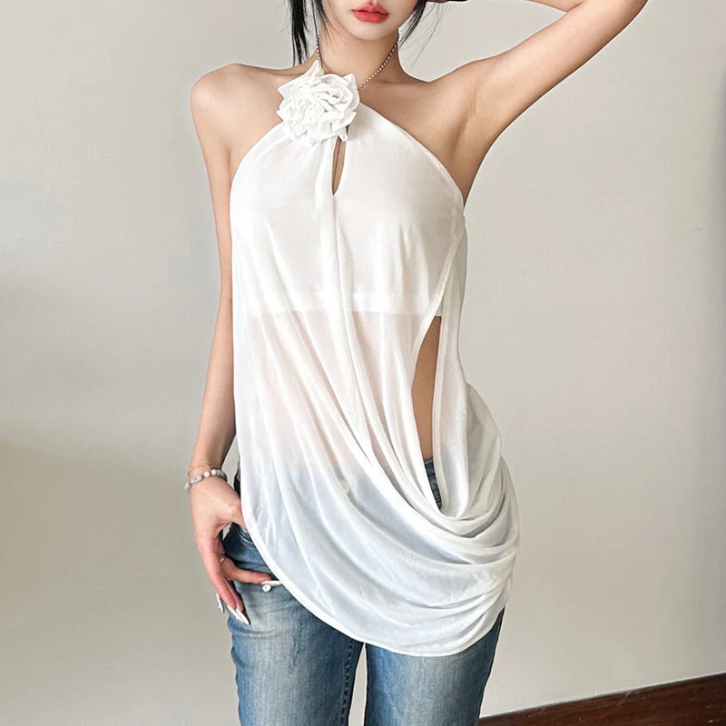 Halter hollow out flower applique irregular top