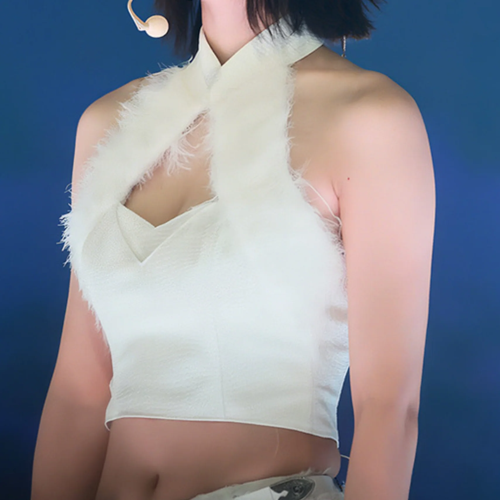 Halter hollow out fluffy crop top