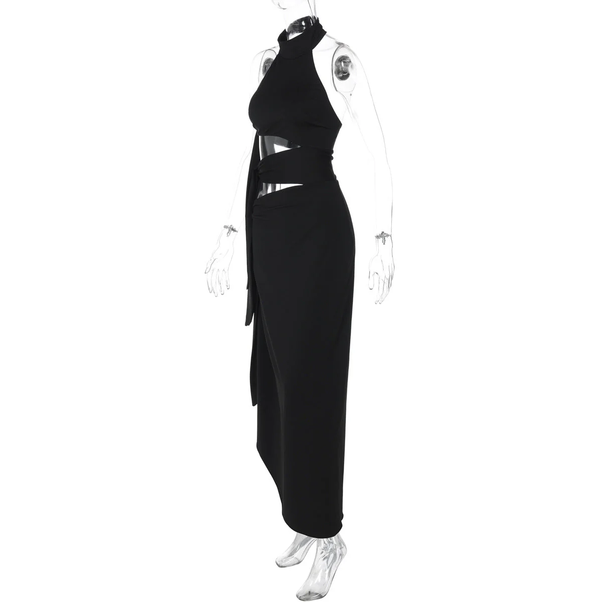Halter hollow out irregular button slit maxi dress - Image 3