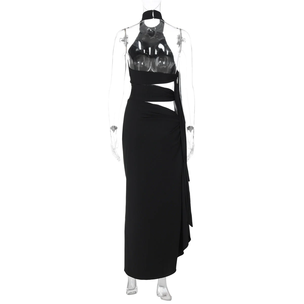 Halter hollow out irregular button slit maxi dress - Image 4