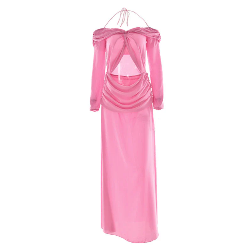 Halter hollow out off shoulder chiffon maxi dress