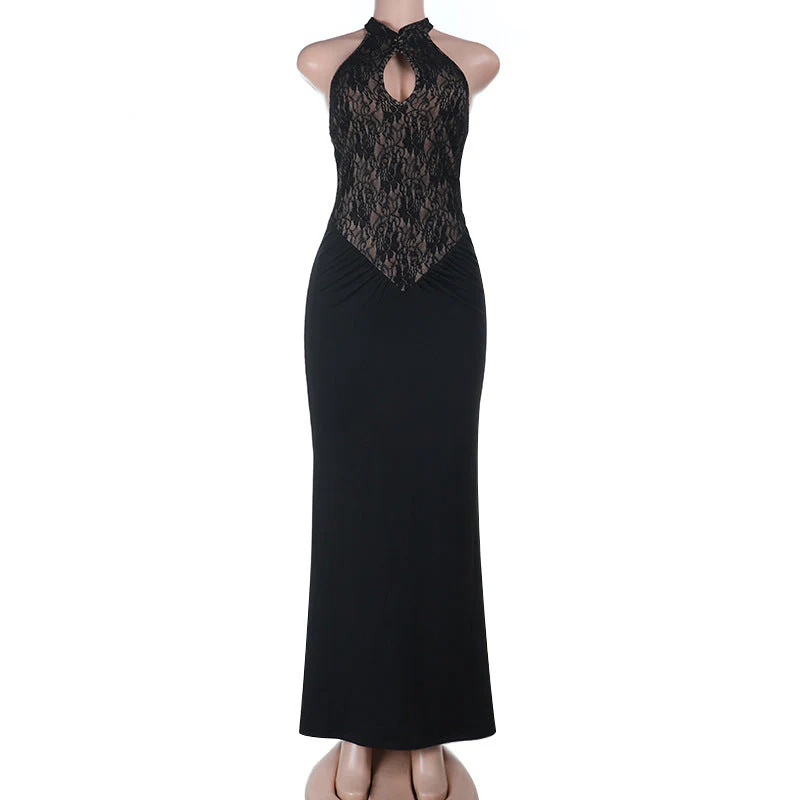 Halter hollow out ruched lace maxi dress - Image 2