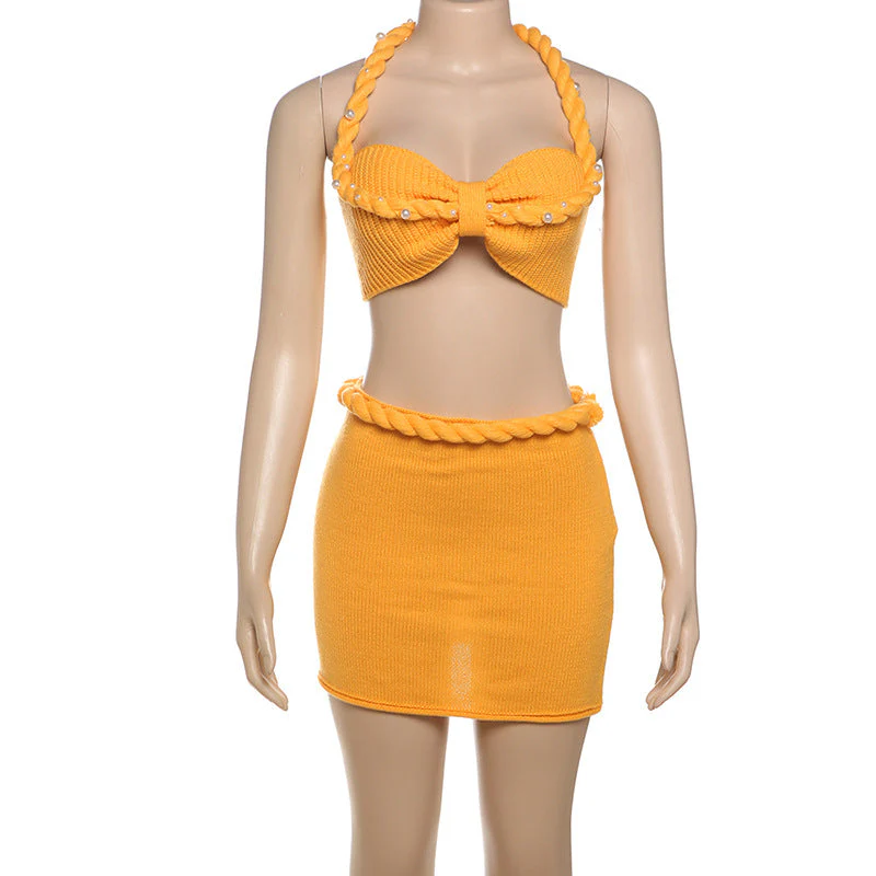 Halter knitted lace up beaded zip up mini skirt set - Image 2