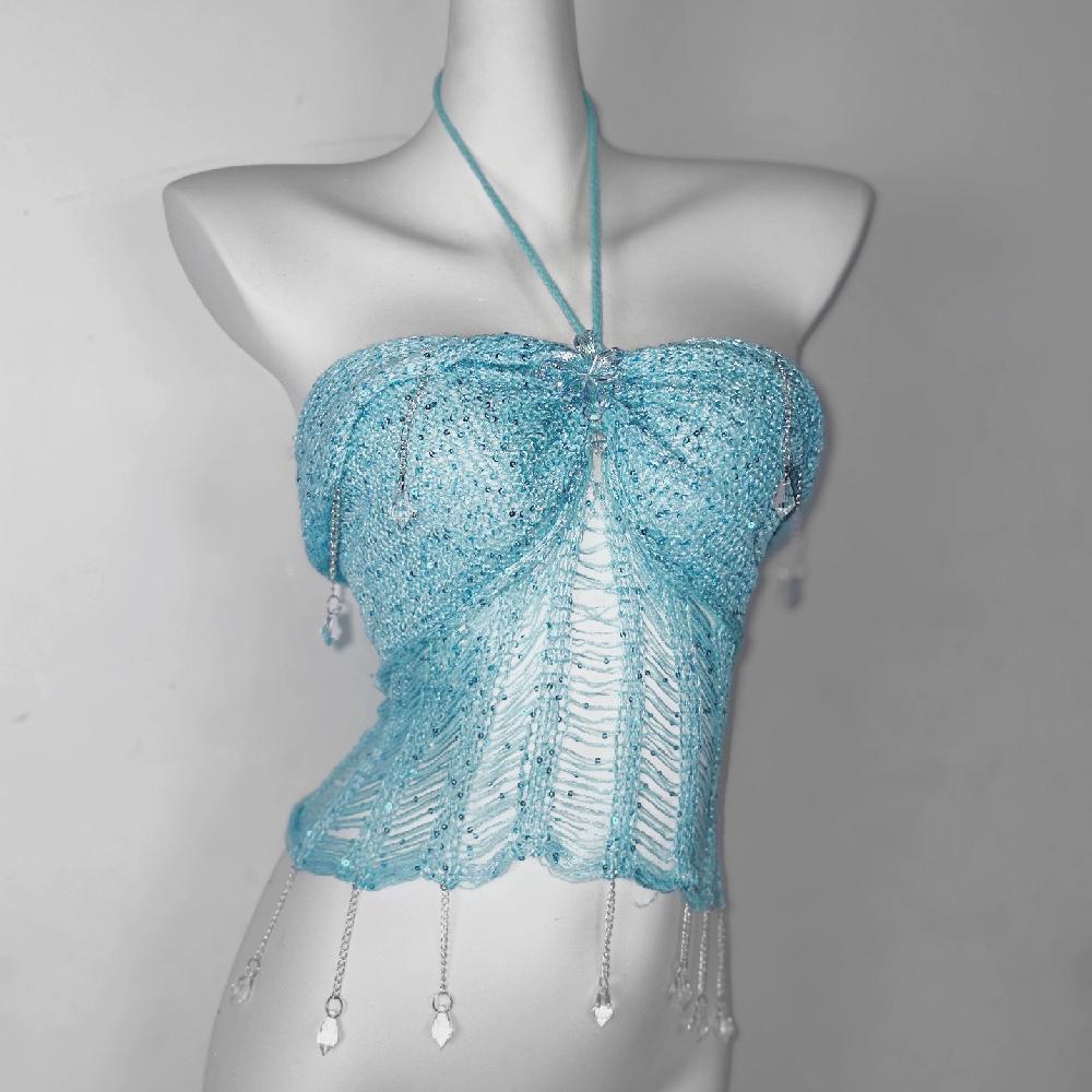 Halter knotted crystal pendant shrug hollow out ruched top - Image 2
