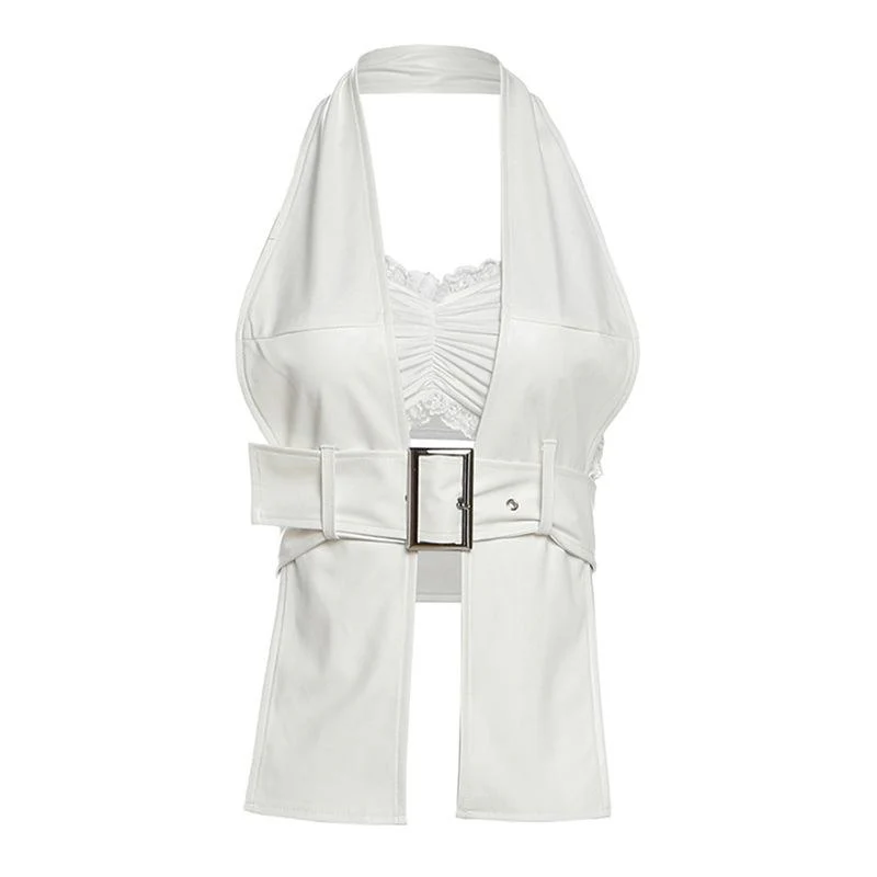 Halter lace hem PU leather 2 piece ruched top - Image 3