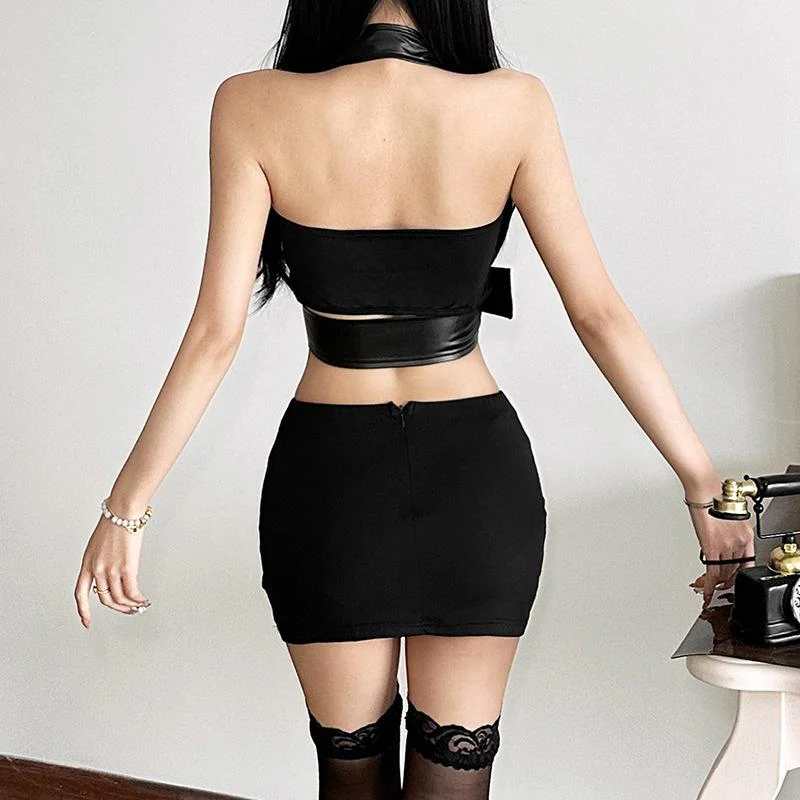 Halter lace hem PU leather 2 piece ruched top - Image 5
