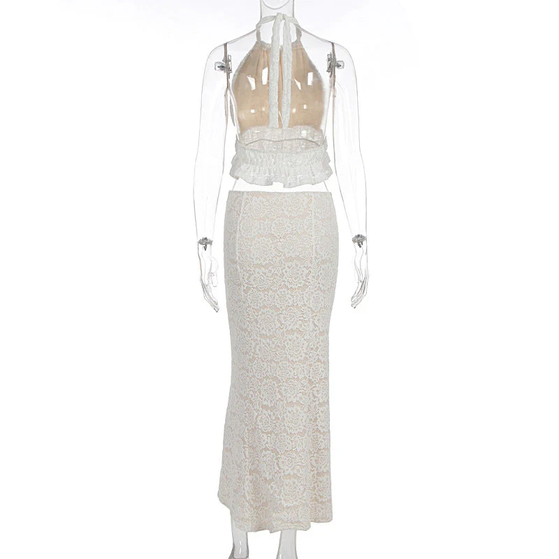 Halter lace ruffle self tie backless maxi skirt set - Image 4