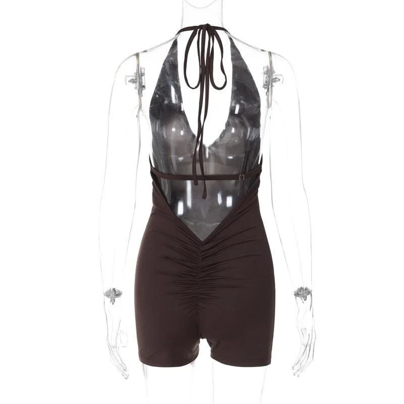 Halter low cut ruched solid backless romper - Image 6