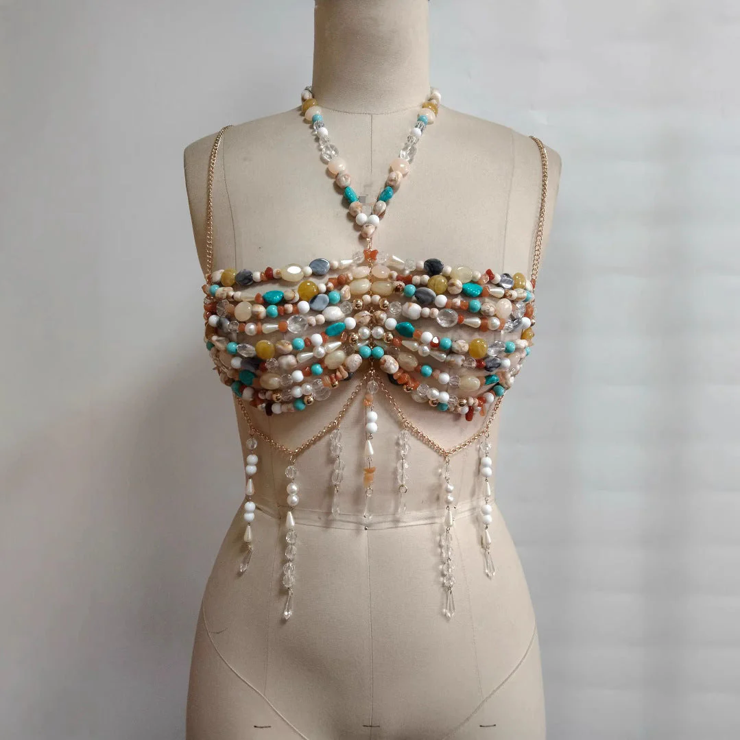 Halter metal chain beaded cami top