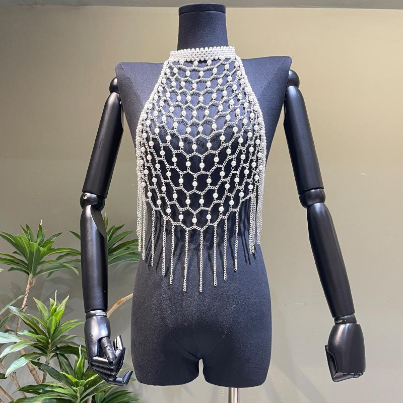 Halter metal chain beaded tassels backless hollow out top - Image 2
