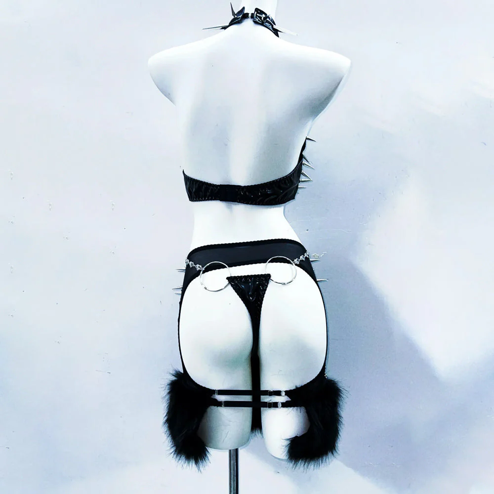 Halter metal chain see through rivet applique mini skirt set - Image 3
