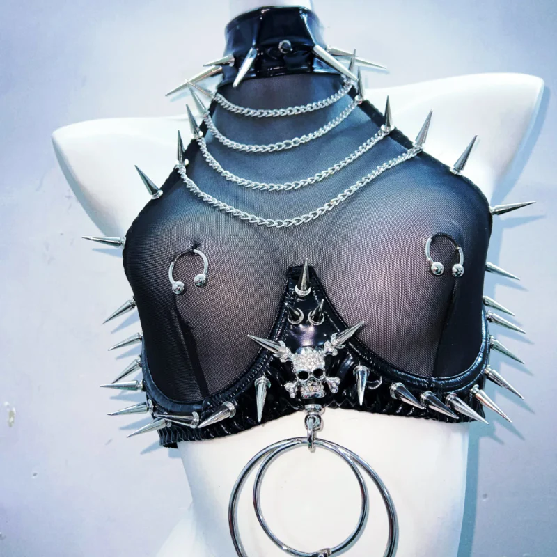 Halter metal chain see through rivet applique mini skirt set - Image 4