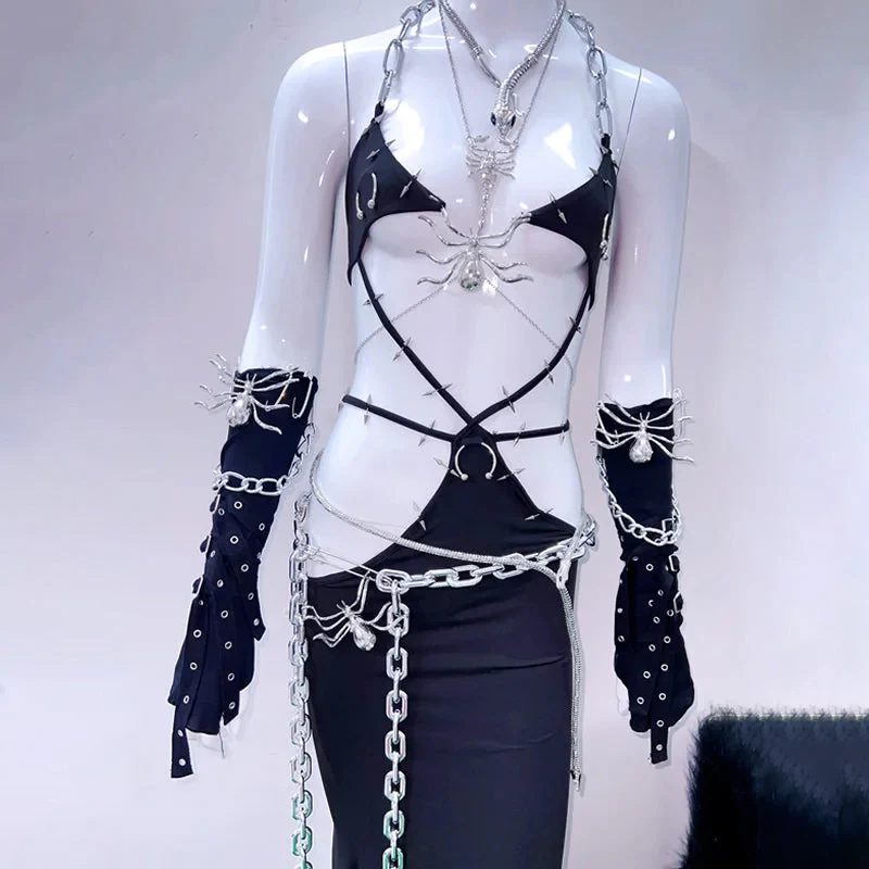 Halter metal chain spider applique hollow out dress