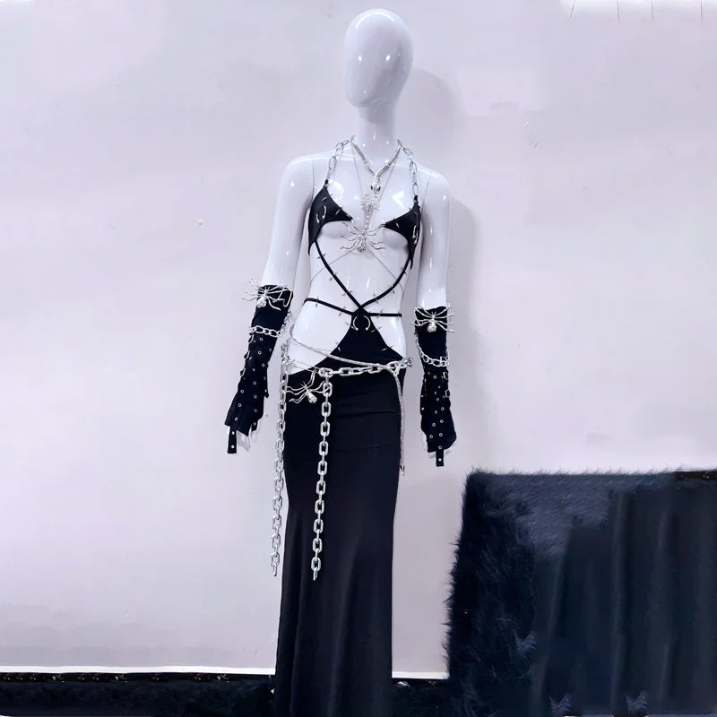 Halter metal chain spider applique hollow out dress - Image 2