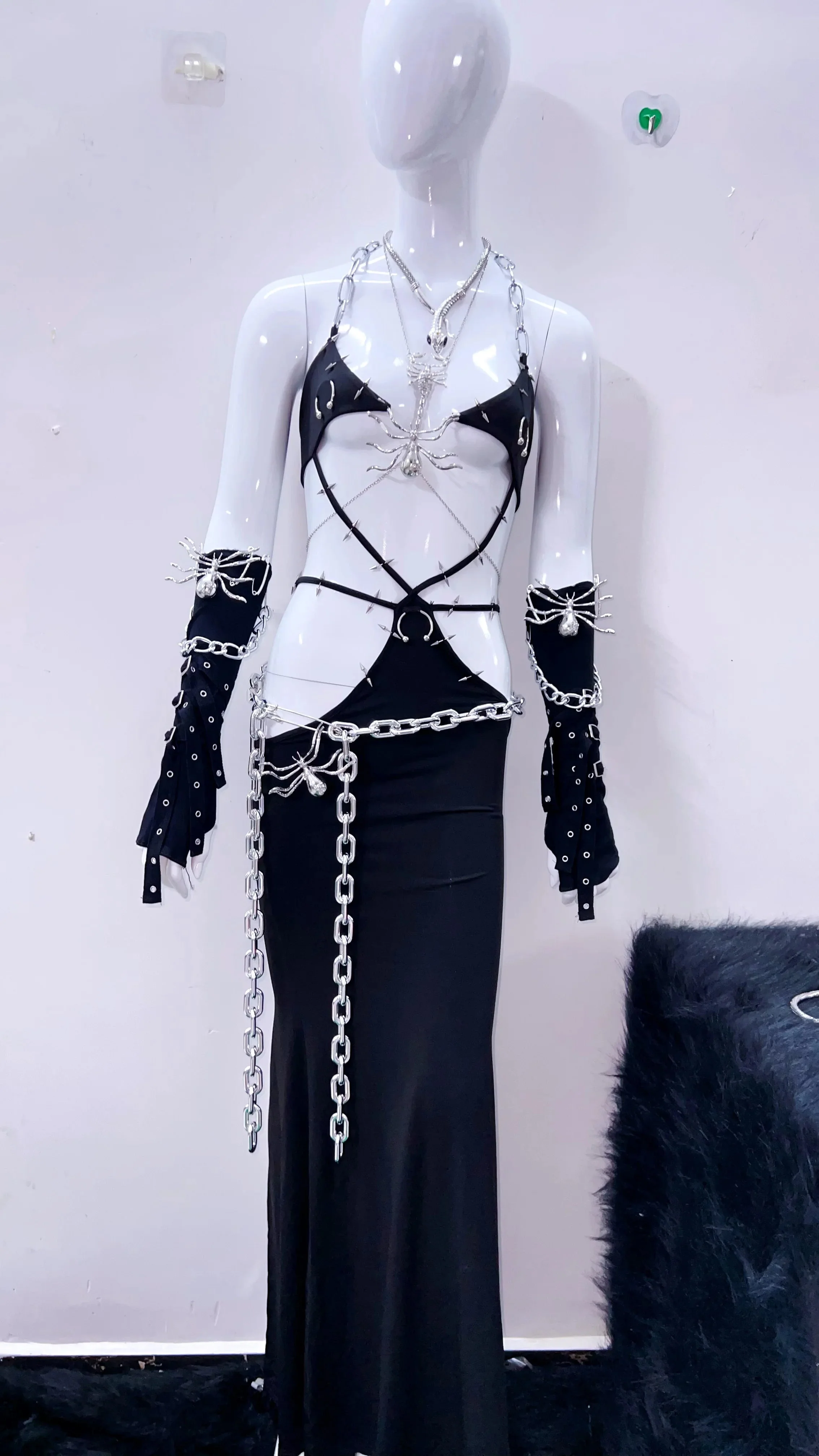 Halter metal chain spider applique hollow out dress - Image 6