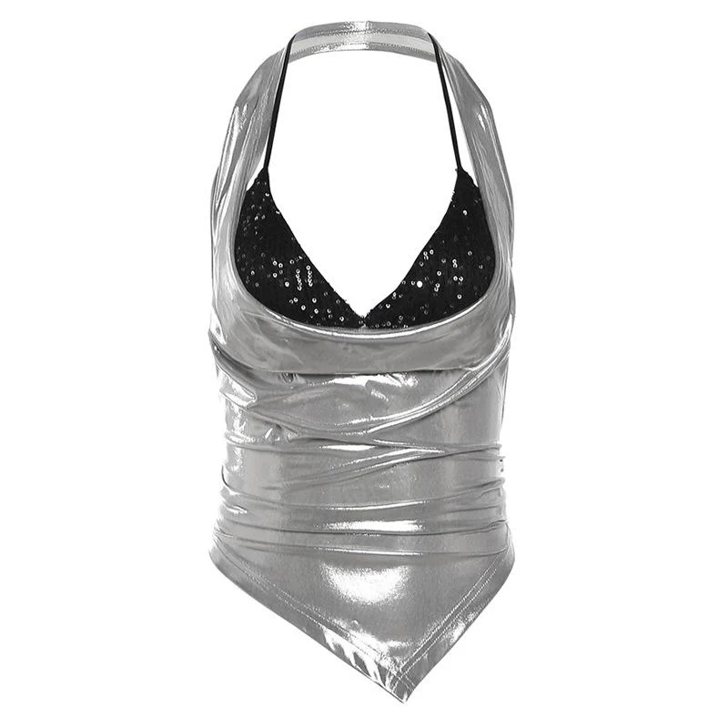 Halter metallic glitter cowl neck ruched 2 piece top - Image 3