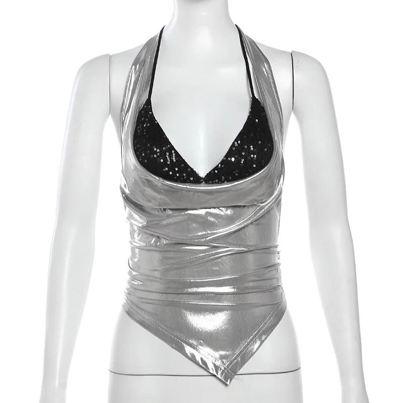Halter metallic glitter cowl neck ruched 2 piece top - Image 4