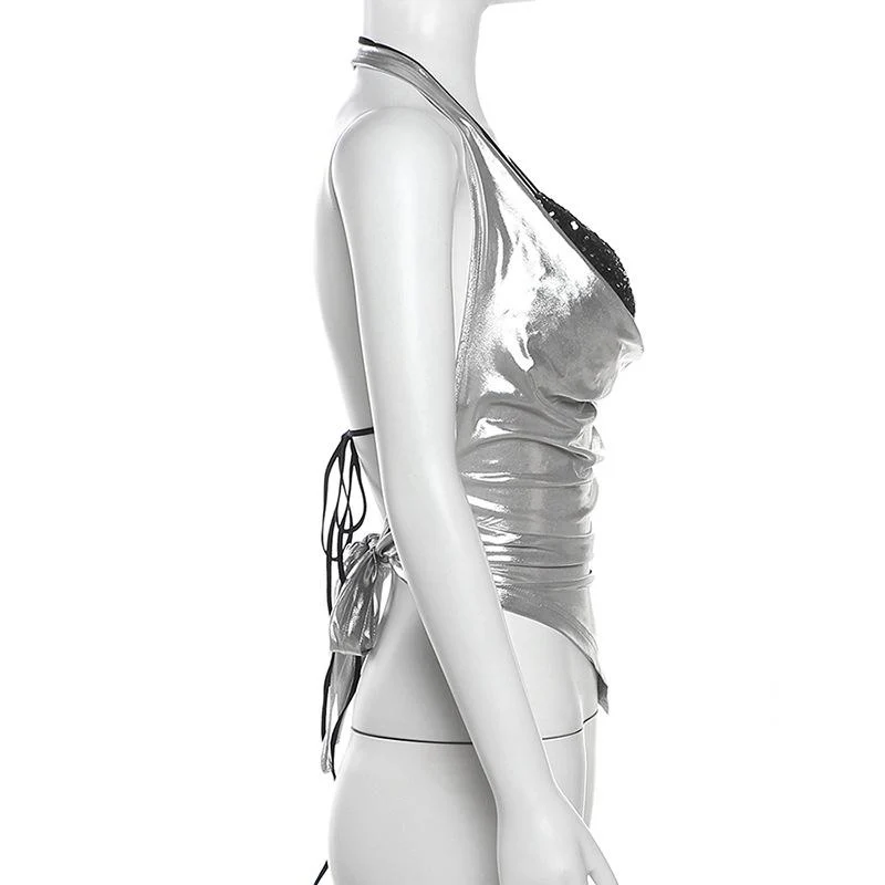 Halter metallic glitter cowl neck ruched 2 piece top - Image 5