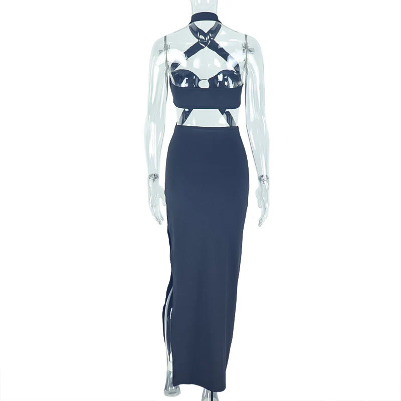 Halter o ring hollow out padded slit maxi dress - Image 3
