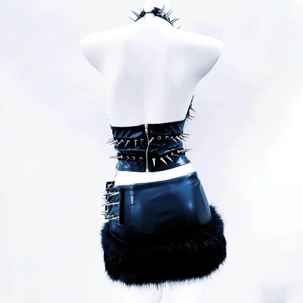 Halter o ring hollow out rivet applique PU leather top - Image 5