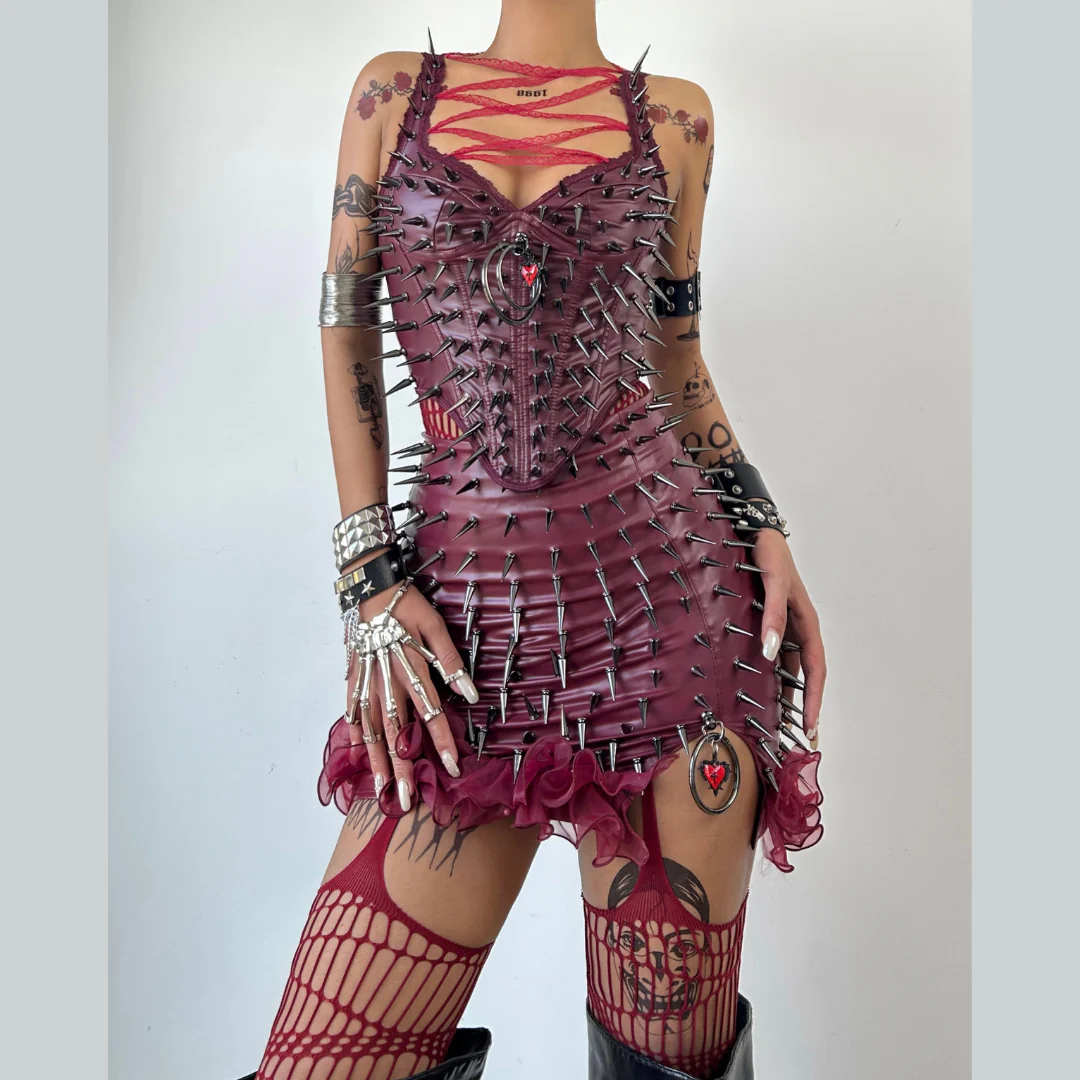 Halter o ring rivet applique ruffle PU leather top