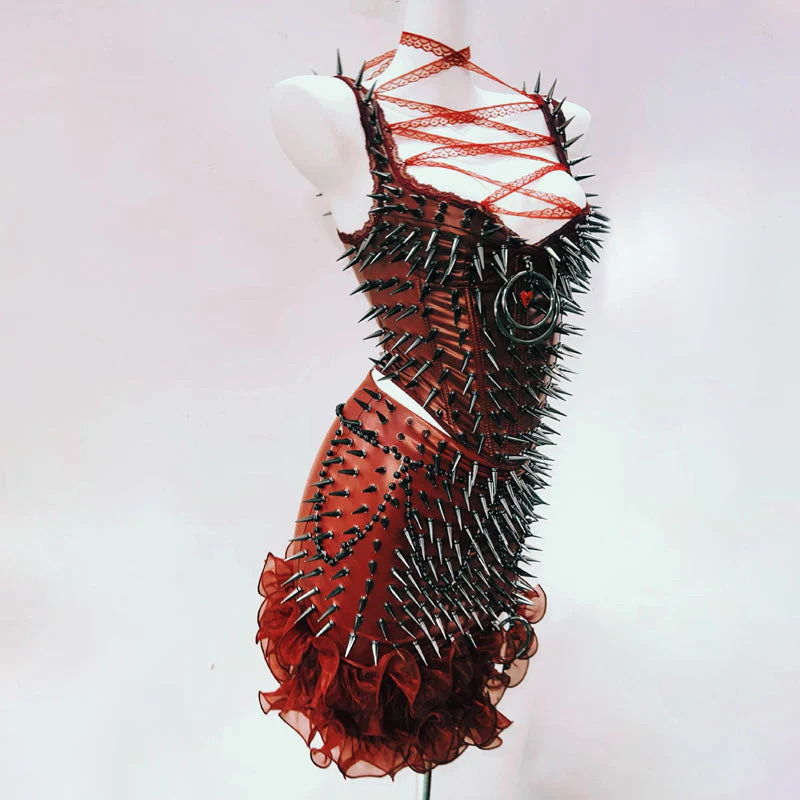 Halter o ring rivet applique ruffle PU leather top - Image 8