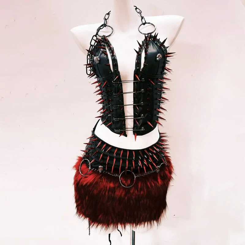 Halter o ring rivet fluffy PU leather top - Image 3