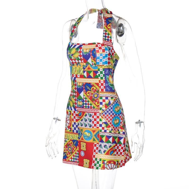 Halter print contrast knotted mini dress - Image 3