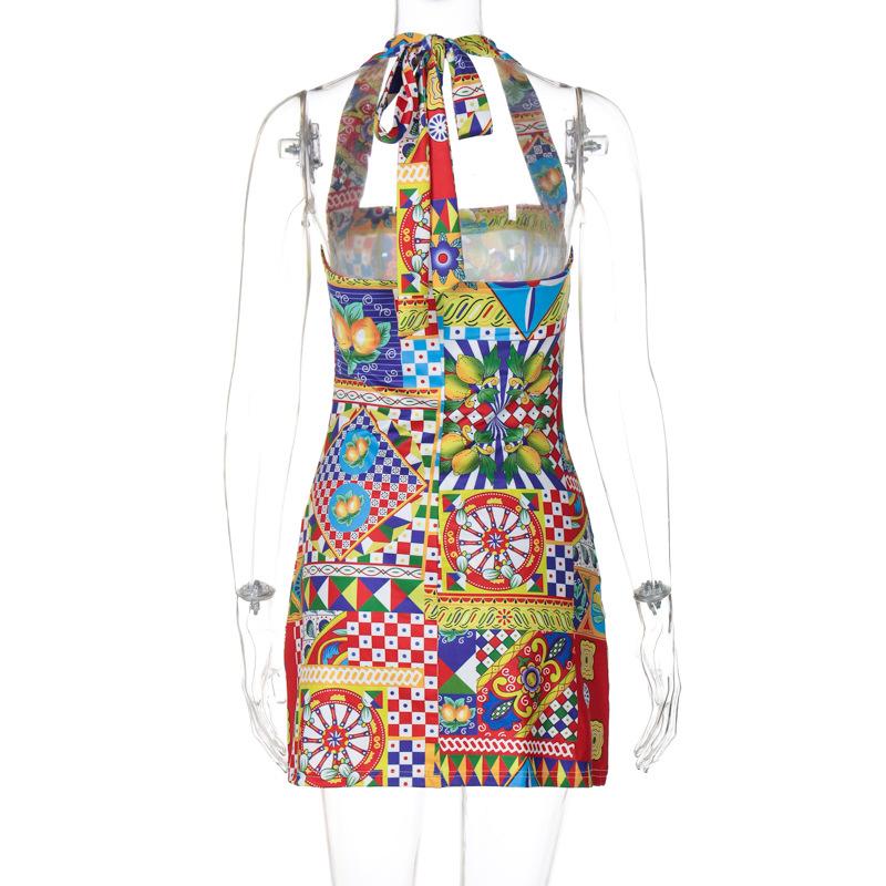 Halter print contrast knotted mini dress - Image 4