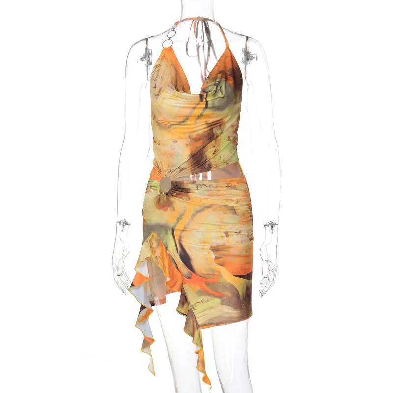 Halter print cowl neck o ring ruffle mini dress - Image 3
