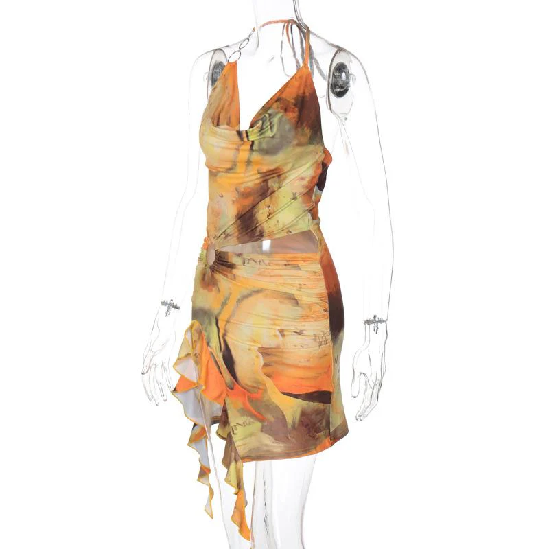 Halter print cowl neck o ring ruffle mini dress - Image 4