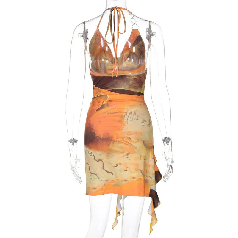 Halter print cowl neck o ring ruffle mini dress - Image 5