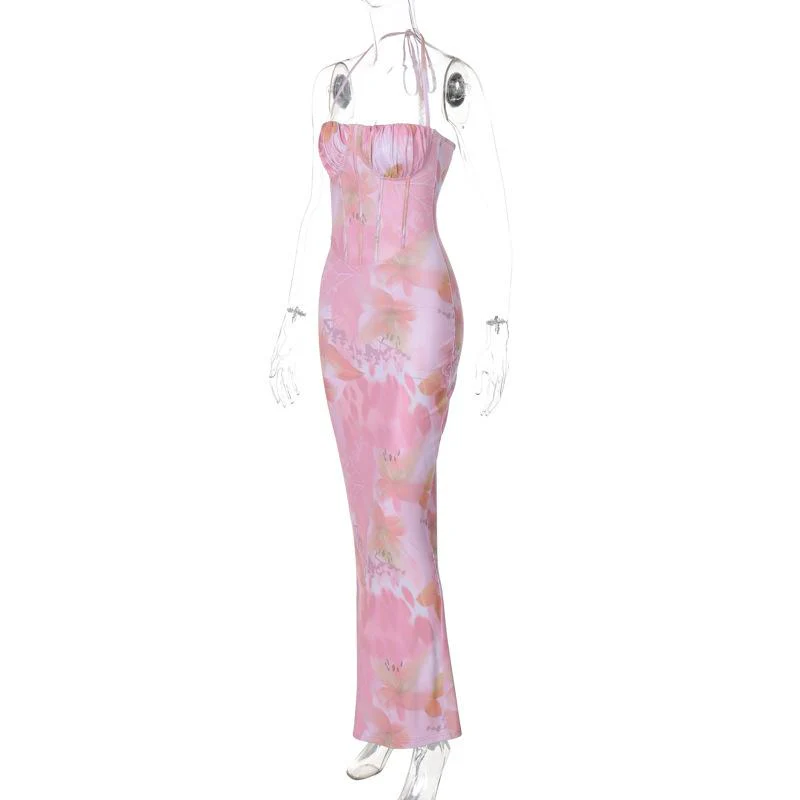Halter print ruched bustier high slit knotted maxi dress - Image 3