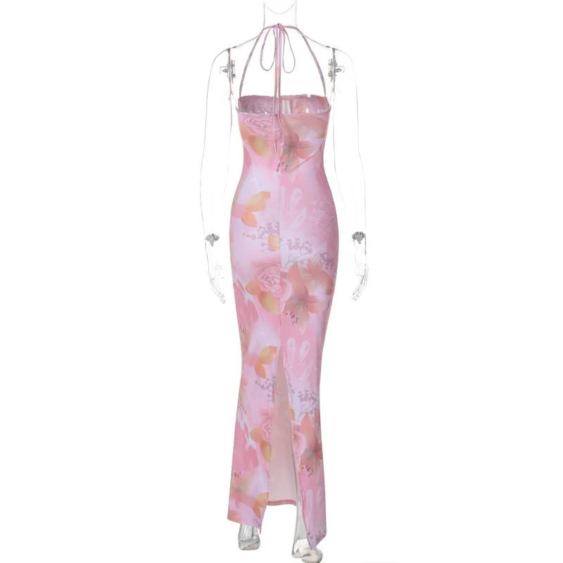 Halter print ruched bustier high slit knotted maxi dress - Image 4