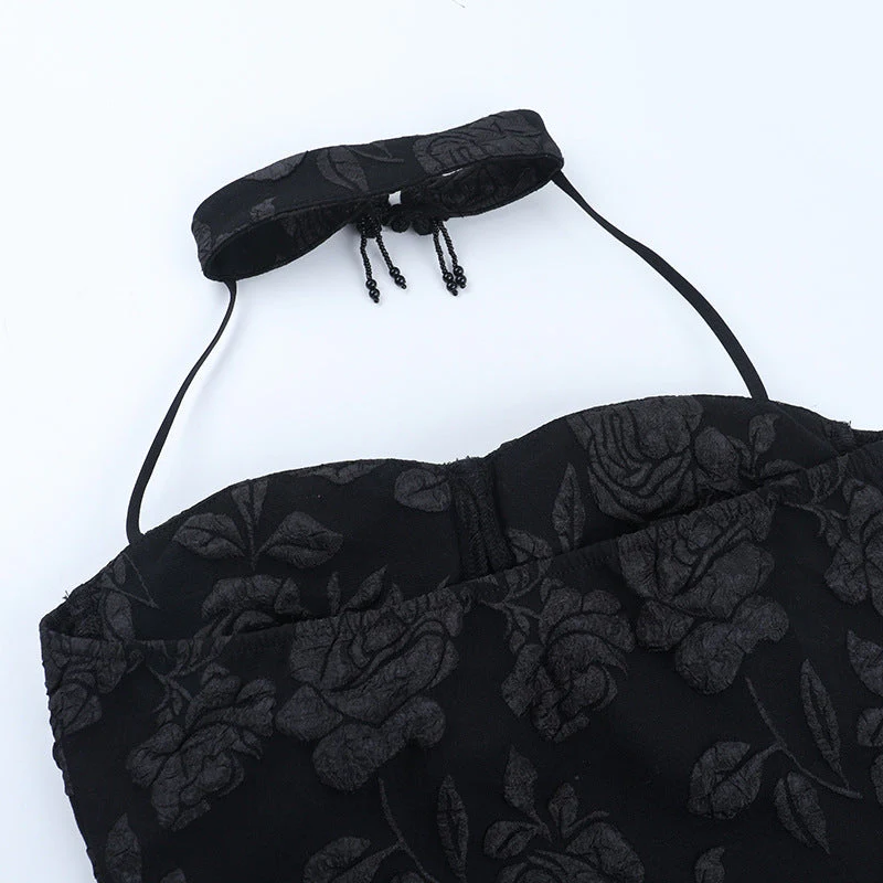 Halter print zip-up beaded backless top - Image 5
