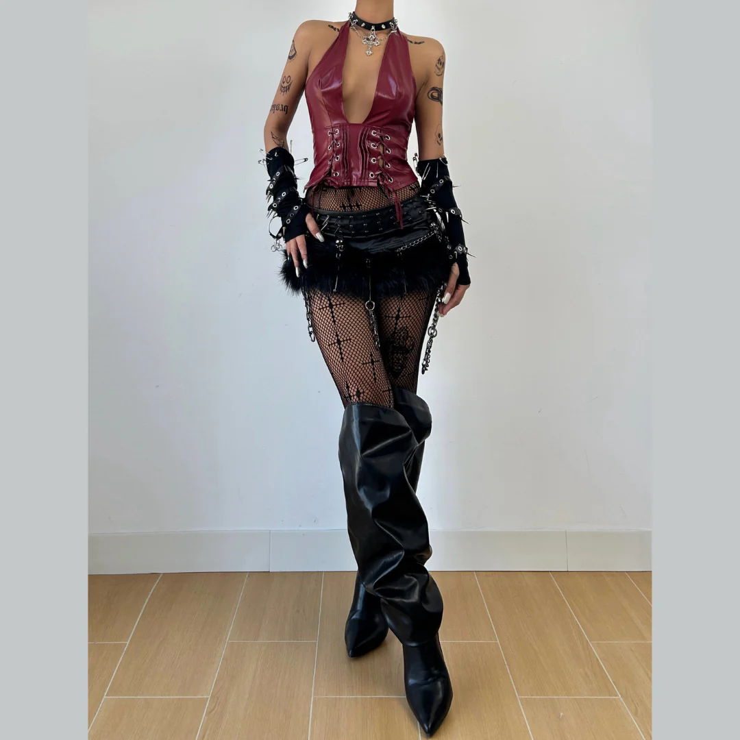 Halter PU leather low cut lace up top - Image 2