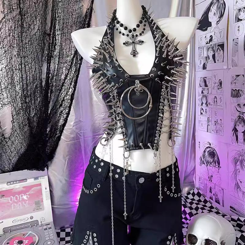 Halter PU leather o ring rivet applique metal chain top - Image 2