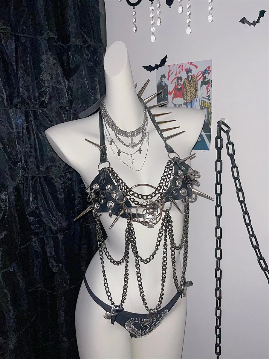 Halter rivet PU leather metal chain top - Image 5