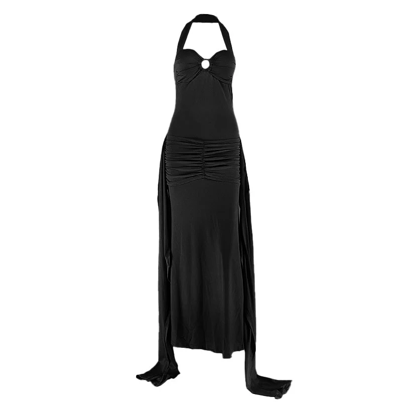Halter ruched backless o ring maxi dress - Image 2