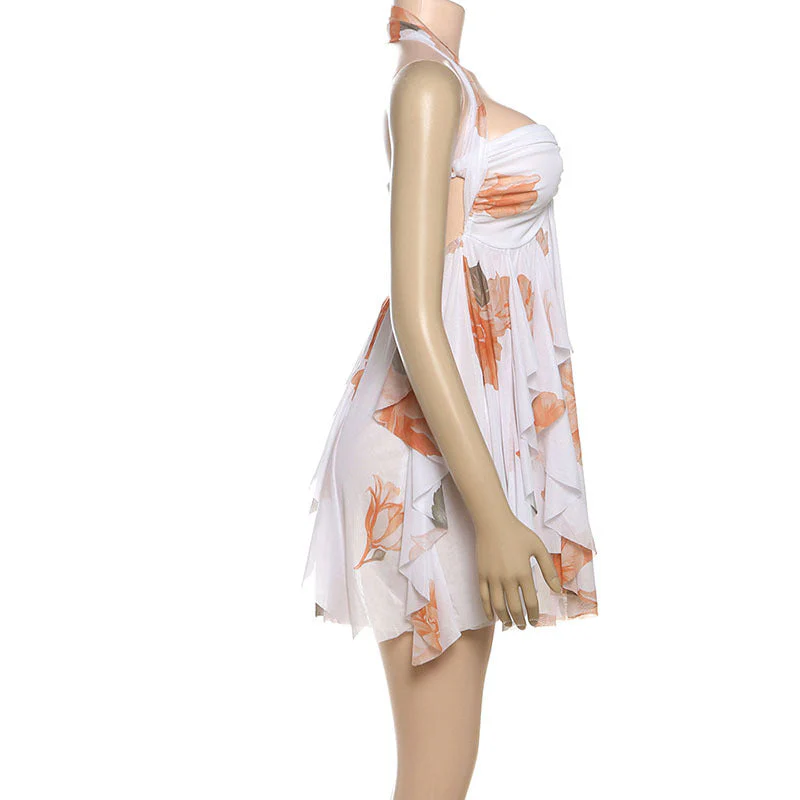 Halter ruched flower print ruffle mini dress - Image 10