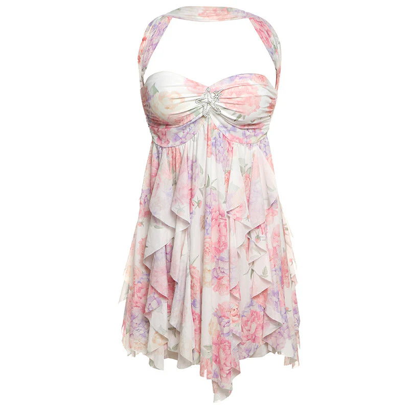 Halter ruched flower print ruffle mini dress - Image 2